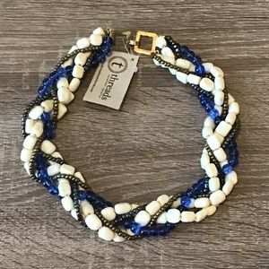 Threads Off-White Blue & Metallic Beads 5 Row Braided Necklace 19 1/2" Lx1 1/4"W